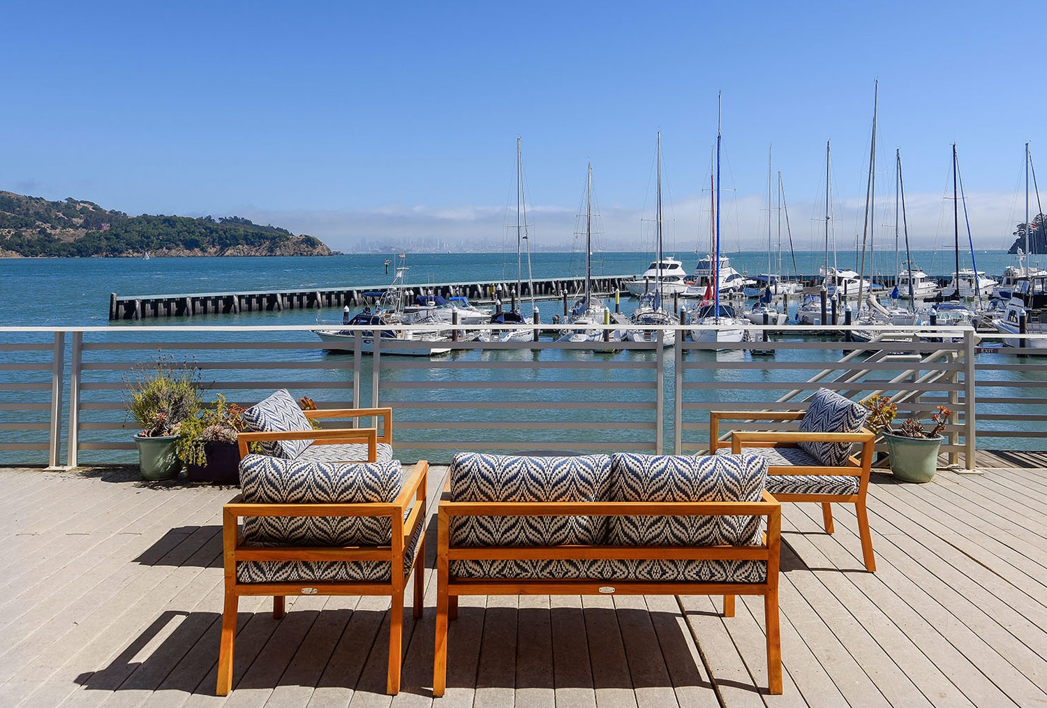 Enjoy the grand views to San Francisco from the grand deck at Waters Edge Hotel in Tiburon 