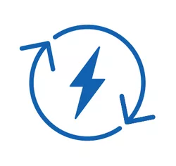 A circle with two arrows and energy bolt in the center icon. Conscious energy saving practices are standard at Waters Edge Hotel