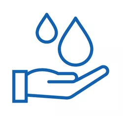 An open hand icon with two drops. Water conservation practices are used in cleaning and landscaping