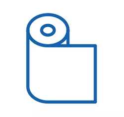 An icon of an unrolled toilet paper roll. Toilet tissue is 100% post-consumer recycled content