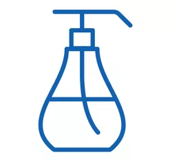 A blue pump bottle icon. Shower amenities come in either dispensers or biodegradable bottles