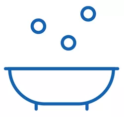 A blue bath tub icon with bubbles floating up. Bath products are paraben and synthetic free